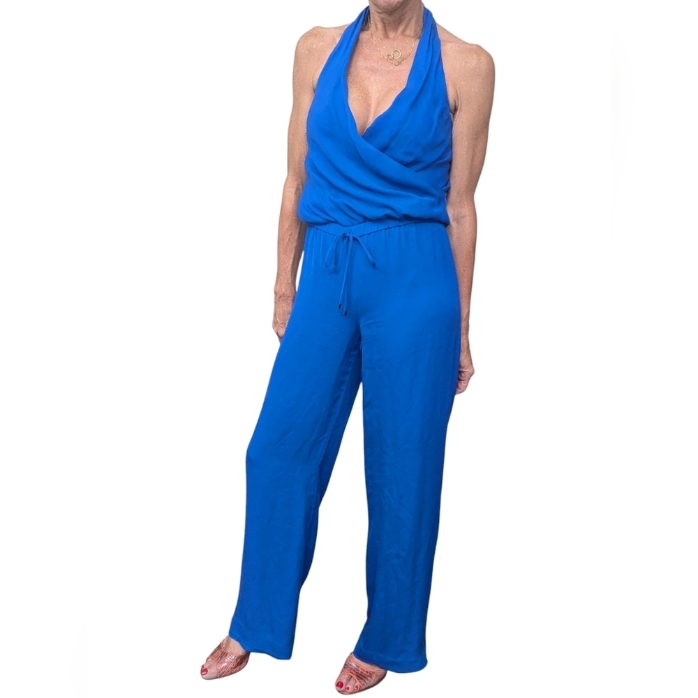 Haute Hippie Silk Blue Halter Jumpsuit Wide Leg Resort Vacation XS - Picture 2 of 7